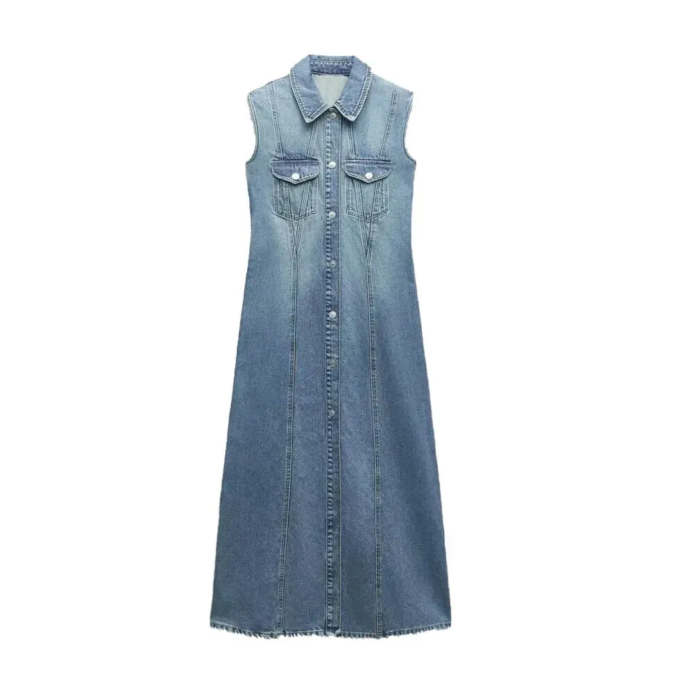 xakxx- New women's  temperament fashion versatile lapel sleeveless long denim dress