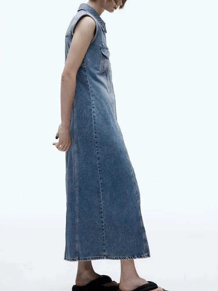 xakxx- New women's  temperament fashion versatile lapel sleeveless long denim dress