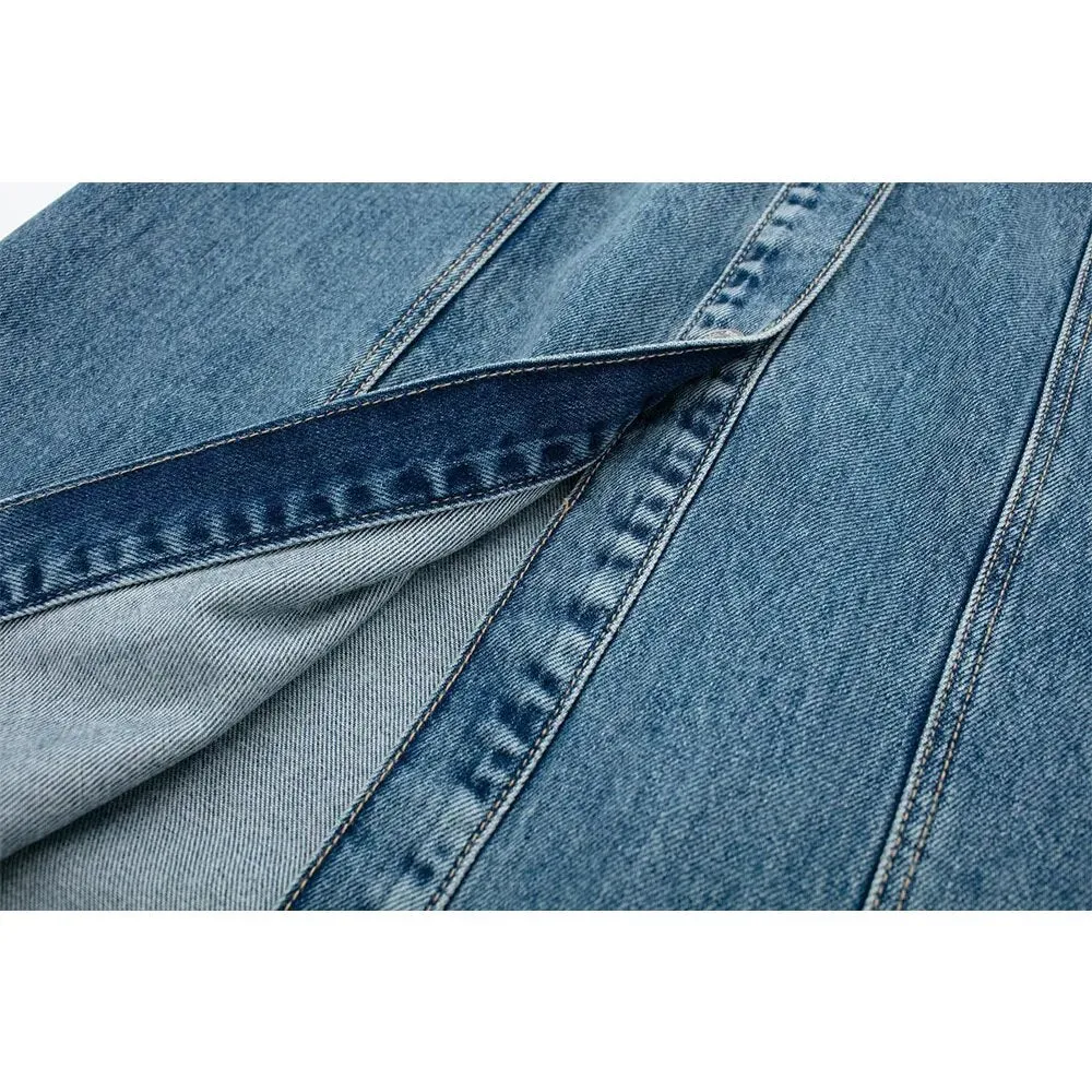 xakxx- New women's  temperament fashion versatile lapel sleeveless long denim dress