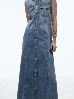 xakxx- New women's  temperament fashion versatile lapel sleeveless long denim dress